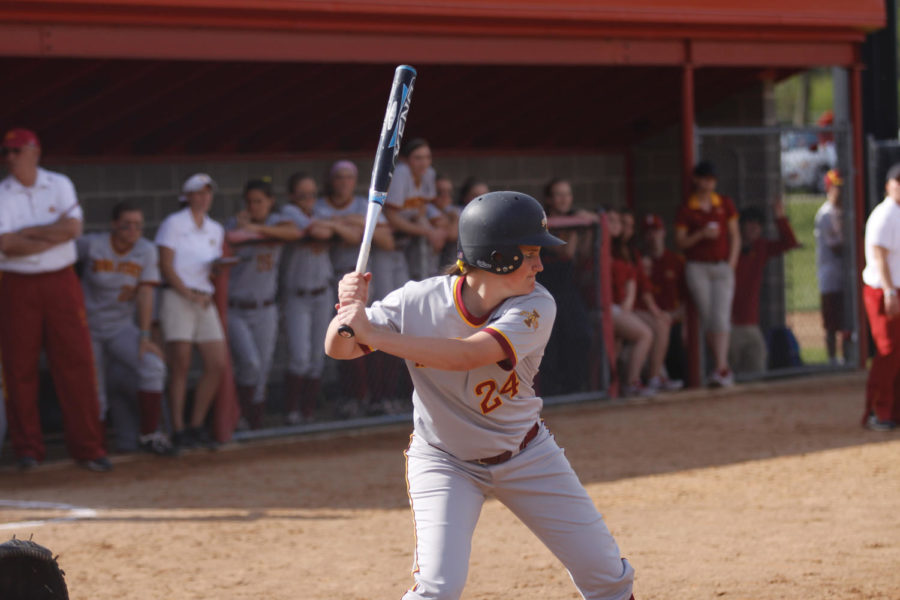 ISU junior pitcher Tori Torrescano takes her first at bat against Iowa on Wednesday, April 18, at the Southwest Athletic Complex. 
