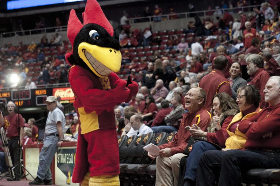 Cy+greets+fans+before+the+game+against+Baylor+on+Saturday%2C+Jan.%0A7%2C+at+Hilton+Coliseum.%C2%A0%0A