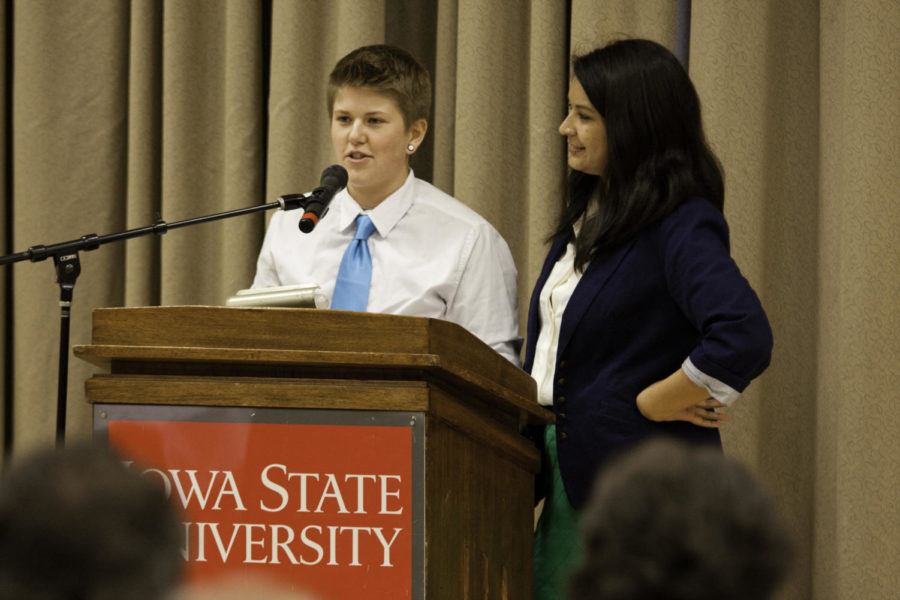 Petey Peterson and Valerie A. Guerrero, both graduate students in educational leadership and policy studies, speak at the Lavender Graduation ceremony after recieving the Award for Community Development. The ceremony took place Thursday, May 3, 2012 in the Sun Room of the Memorial Union, and was sponsored by the Lesbian, Gay, Bisexual and Transgender Student Services.
