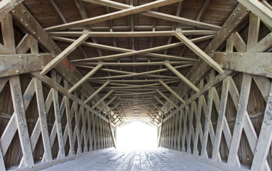 The inside of one of the covered bridges in Madison County. The county is known for covering bridges to protect them from weathering. 
