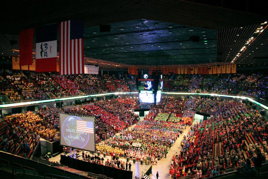 Participants for Odyssey of the Mind stood for clips of each countrys national anthem played during the opening ceremony in Hilton Coliseum May 23, 2012.
