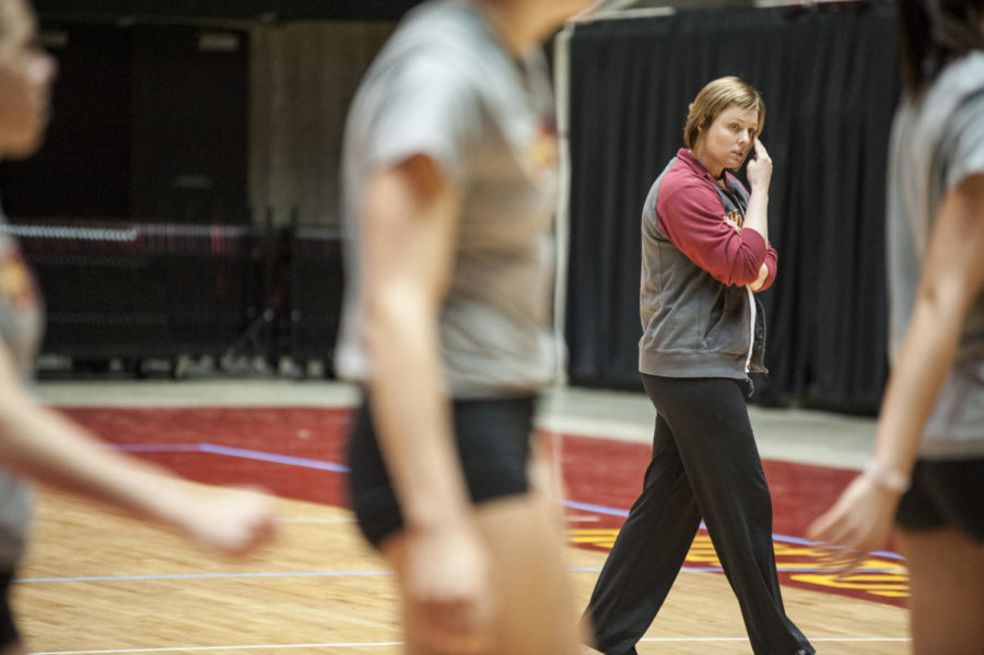ISU volleyball coach Christy Johnson-Lynch watches the team practice at Hilton Coliseum on Monday, April 9.

