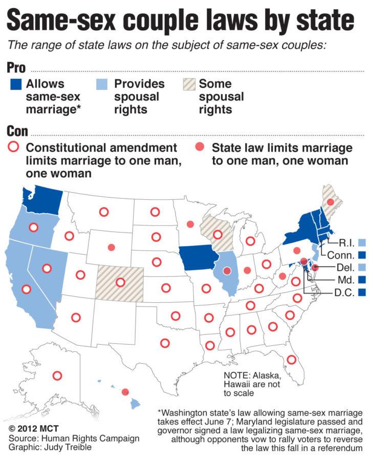 U.S. map shows the range of state laws on the subject of same sex-couples, both pro and con; North Carolina becomes the last state in the South to approve an anti-gay marriage amendment and joins 30 other states with similar measures.
