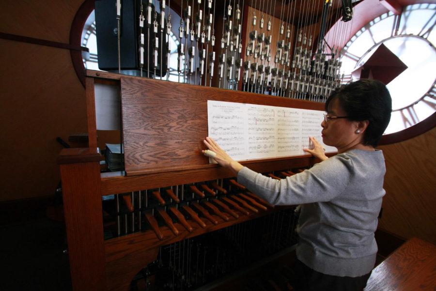 Tin-Shi Tam, the university carillonneur and the chairwoman of the keyboard division performs during one of her weekday concert and web casts on Wednsday, May 30 in the Campanille. A celebrated artist on carillon and organ, Tam has given recitals in Asia, Australia, Canada, Europe and the United States.
