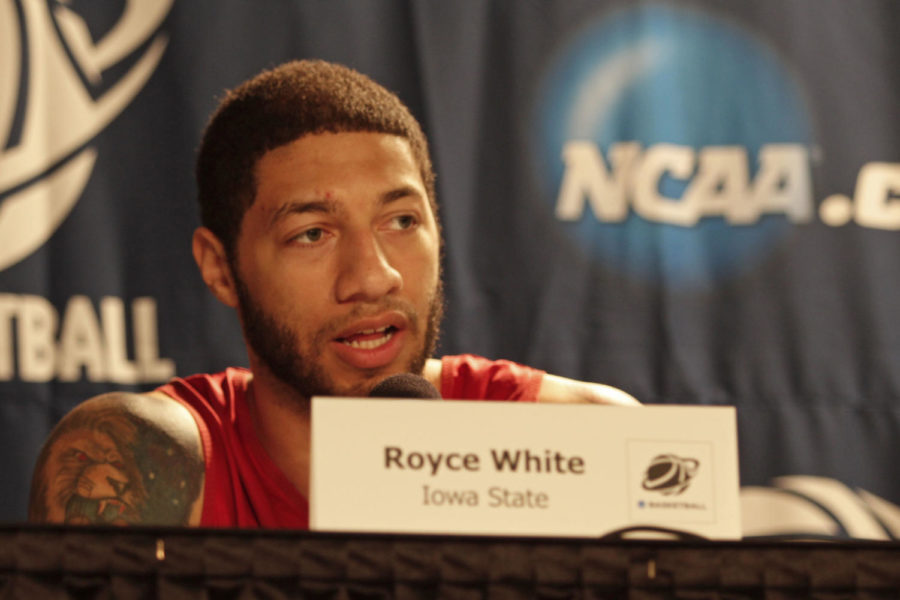 ISU forward Royce White talks with the media leading up to Iowa States third-round matchup with No. 1-seeded Kentucky on Friday, March 16, at the KFC Yum! Center in Louisville, Ky. White, a transfer from the University of Minnesota, had planned to meet with Kentucky coach John Calipari about joining the UK program, but decided against the trip to Lexington, Ky., and ultimately signed on with the Cyclones. The Cyclones and Wildcats will play Saturday night.
