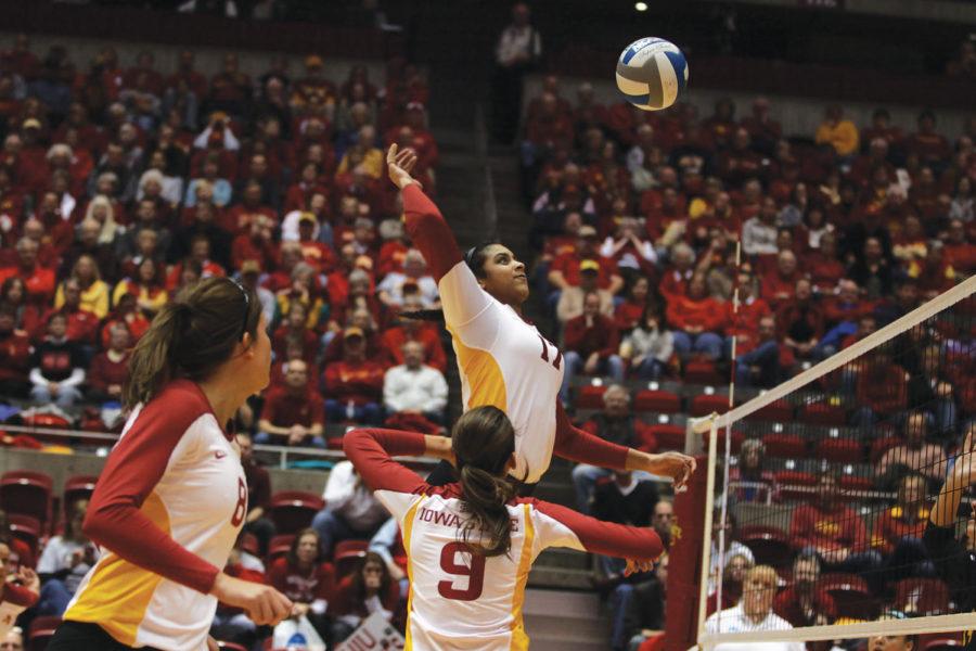 Right-side hitter Tenisha Matlock goes up for a kill on the UW-Milwaukee opposition on Dec. 2. Matlock had six kills throughout the game and the Cyclones won in the first three sets, advancing them to the next round of the NCAA Volleyball Championships.
