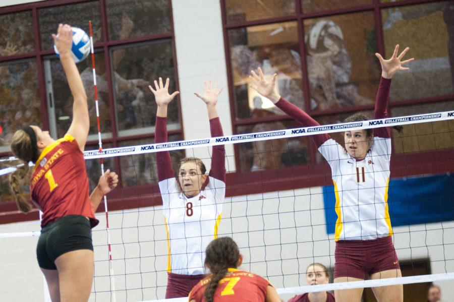 ISU+outside+hitter+Carly+Jenson+swings+for+a+point+during+the+Cyclones+2011+Sweet+16+victory+against+Minnesota.+The+win+put+the+Cyclones+in+the+Elite+8+for+the+second+time+in+four+years.%0A