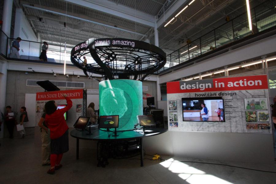 Iowa States Smithsonian Folklife Festival exhibit was displayed Tuesday, June 12, located in the lower level of the King Pavilion in the College of Design. The exhibit featured a center column of LED panels integrated with interactive touchscreeen workstations.
