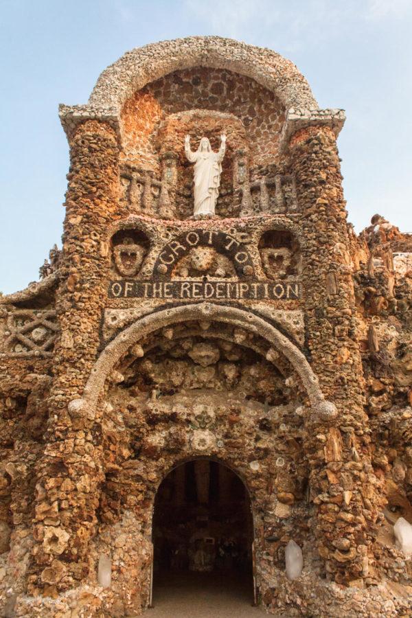 The Grotto of the Redemption is a large piece of art built in honor of the Virgin Mary. It is a composition of nine separate grottoes, each depicting a scene in Christs life.
