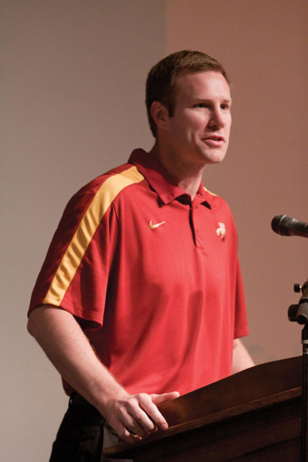 ISU mens basketball coach Fred Hoiberg was the keynote speaker at the Veishea Opening Ceremonies on Tuesday, April 17, in the Sun Room of the Memorial Union. He opened 2012s Veishea with a call to keep the event fun and safe. He talked about past years Veishea parades and how much he loved them as a kid from Ames.
