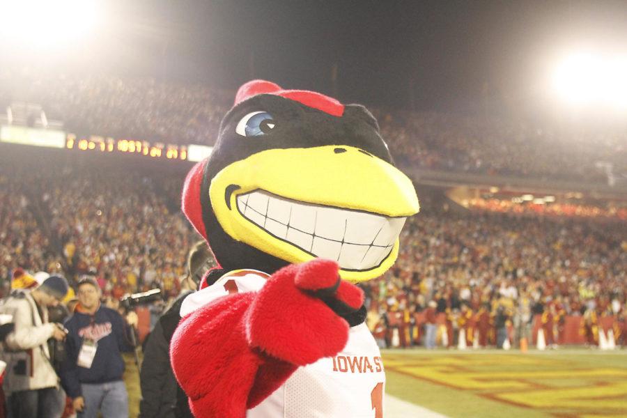 Cy stands on the sidelines and supports the football team during
the game against Oklahoma State Friday, Nov. 18. Iowa State won in
double overtime with a score of 37-31, making them eligible for a
bowl game.
