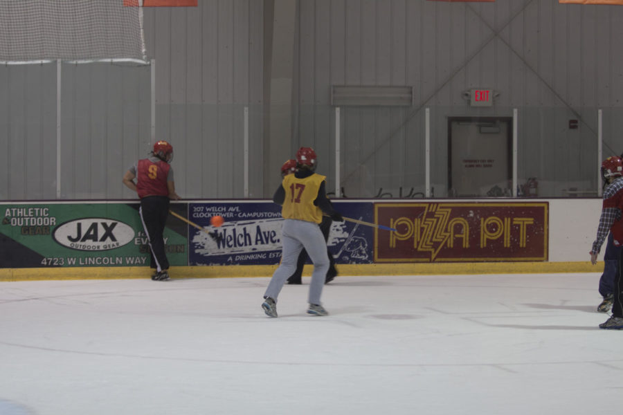 ISU students participate during the final night of summer intramural broomball competition Thursday, July 18, at the ISU/Ames Ice Arena.
