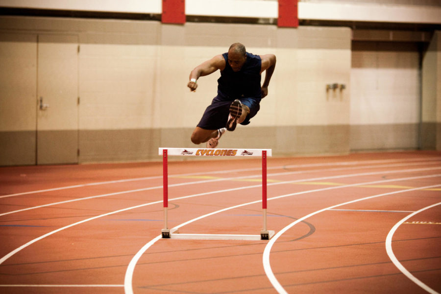 ISU Olympian Danny Harris shows he still has skill in running hurdles. In 1984, the 18-year-old Harris ran in the Olympics, taking second in the 400-meter hurdles competition.
