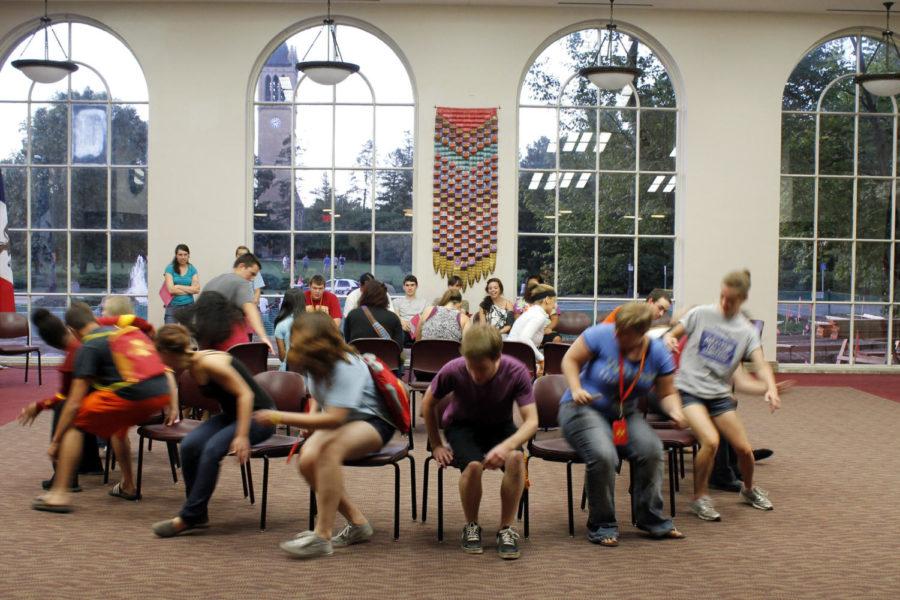 Students play a game of Musical Chairs as part of Late Night at the Memorial Union on Friday, Aug. 17, for Destination Iowa State, a program aimed to help students to Iowa State transition into the college life.
