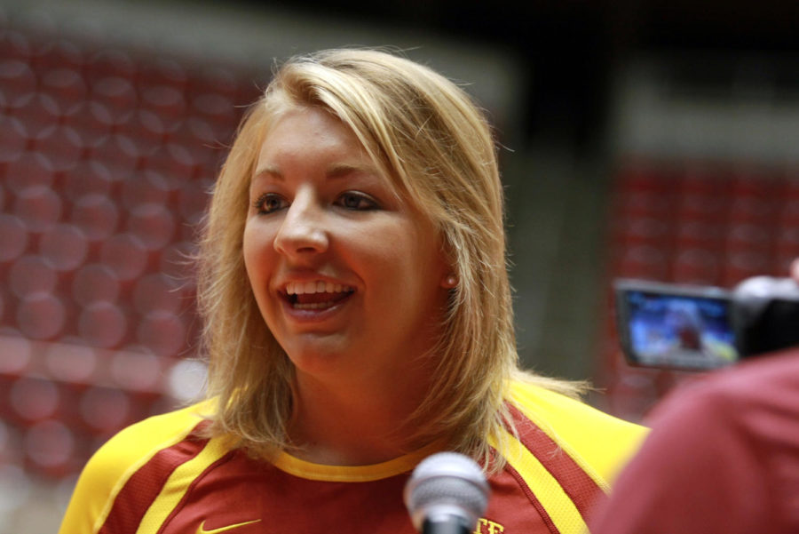 Jamie Straube, senior middle blocker, speaks with reporters during the womens volleyball team media day Thursday, Aug. 9, at Hilton Coliseum. The team will have a scrimmage on Saturday, Aug. 18, at Hilton.

