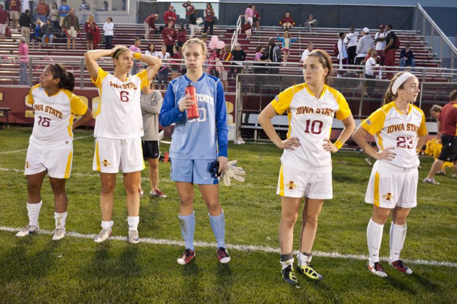 The Iowa State soccer players rest after the game. The Cyclones
lost the game 2-0 to Baylor.
