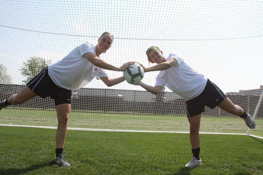 Goalies Andrea Swanson and Maddie Jobe push each other to improve their goal tending for the ISU soccer team. 

