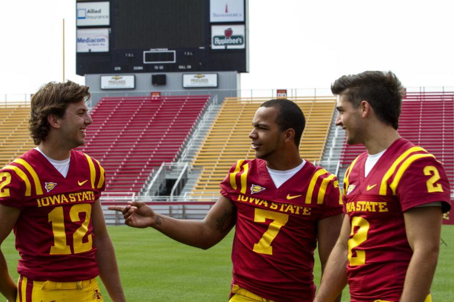 Quarterbacks+Jared+Barnett%2C+left%2C+Steele+Jantz+and+Sam+Richardson+joke+at%C2%A0Iowa+State+footballs+media+day+Thursday%2C+Aug.+2%2C+at+Jack+Trice+Stadium.+They+will+be+competing+for+the+quarterback+position+in+fall+camp.%C2%A0%0A