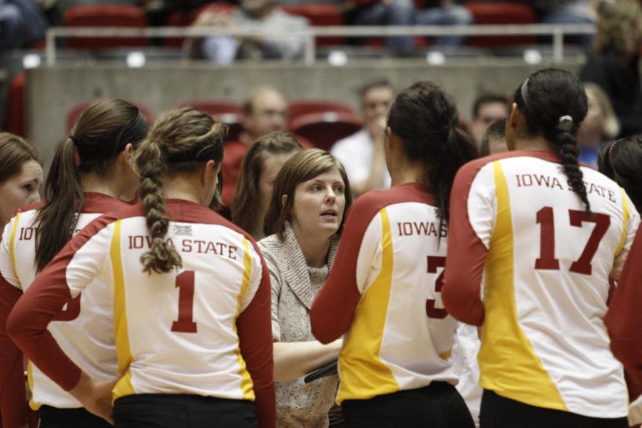 Record-holding  coach Christy Johnson-Lynch talks to the
volleyball team on a Kansas timeout. The ISU volleyball team faced
up against Kansas Wednesday, Oct. 26. The Cyclones swept the
Jayhawks 3-0
