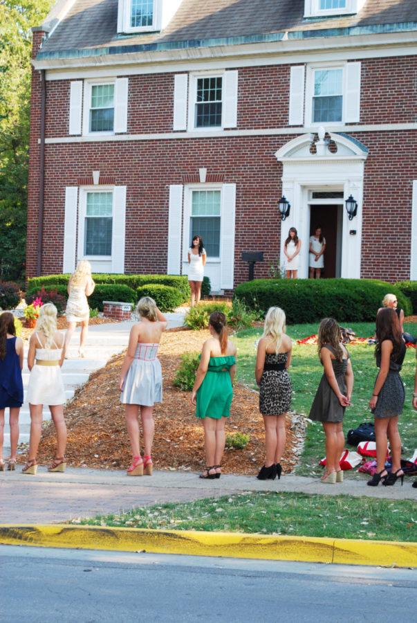 Delta Delta Delta sorority accepts girls inside for the final selection. The selected girls went in one at a time. Potential sorority members participated in Greek Rush the week of Aug. 15.
