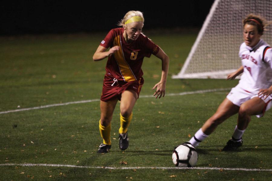 Sophomore midfielder Erin Green chases the ball down against
Texas Tech on Friday, Oct. 21, at the ISU Soccer Complex. Iowa
State won the game 1-0 in the second overtime period. Green has one
goal on the season
