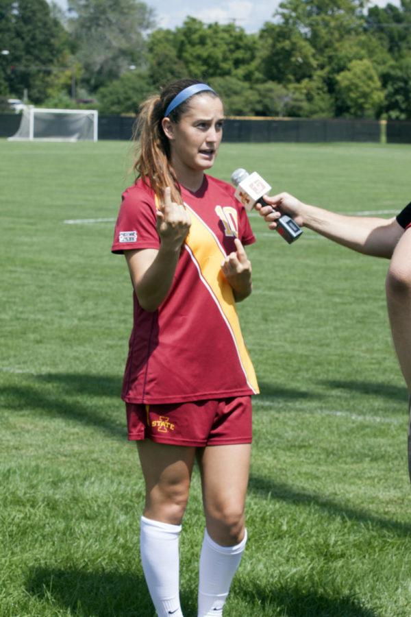 Midfielder Emily Goldstein speaks to the media during media day, Monday, Aug. 13, in Ames. The Cyclones open the season this weekend against Nebraska-Omaha in Omaha, Neb.

