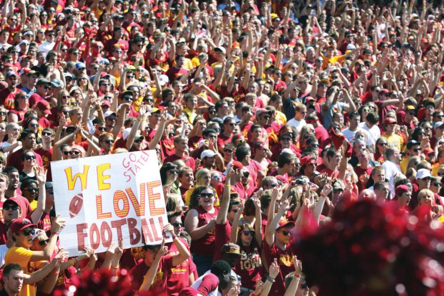 Fans chear in support of the Cyclones on Saturday, Sept. 10, at Jack Trice Stadium. The Cyclones defeated the Hawkeyes 44-41 in triple overtime.
