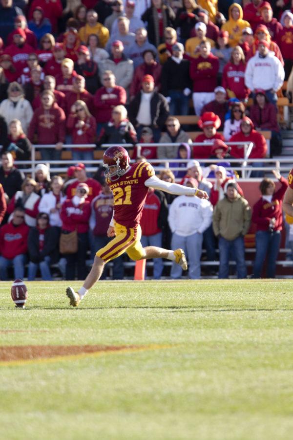 ISU kicker Grant Mahoney kicks off during the game Saturday, Nov. 6, against the Nebraska Cornhuskers. The Cyclones lost to the Huskers in overtime 31-30.