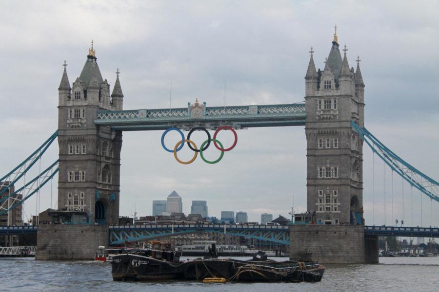 The Olympic rings hang from Tower Bridge in London. London is the host city of the 2012 Olympic Games, making it the only city in the world to have hosted the games three times.

