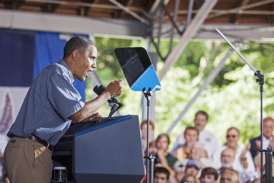 President Barack Obama spoke to an estimated 2,200 people in the Herman Park pavilion on Monday, August 13 in Boone, Iowa. Boone was the presidents second official stop on his bus tour through Iowa this week. Obama has been in Iowa 10 times since the beginning of his term as president. 
