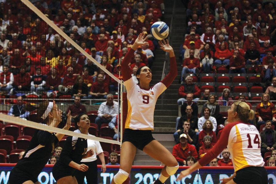 Setter Alison Landwehr sets the ball up for a kill during the
match against UW-Milwaukee in the first round of the NCAA
Volleyball Championships of Friday, Dec. 2. The Cyclones won in the
first three sets, advancing them to the second round.
