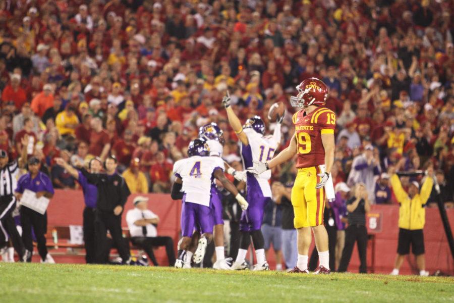 UNI players celebrate an interception during the second half of
the ISU-UNI game on Saturday, Sept. 3 at Jack Trice Stadium. The
Cyclones ended the night with a 20-19 victory over the
Panthers.
