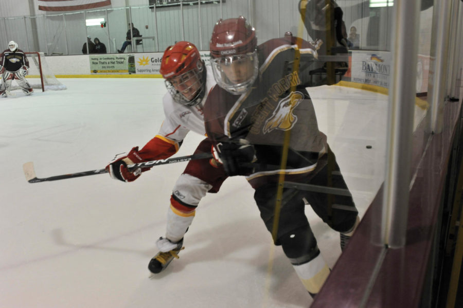 Forward Derek Kohles attempts to fight for the puck from the
opponent during the game against Robert Morris University on
Friday, Jan. 28, at the ISU/Ames Ice Arena. Cyclones lost to Eagles
6 - 4.
