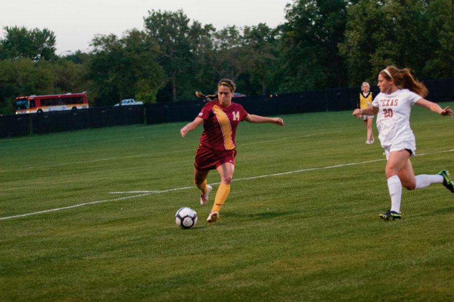 Meredith Skitt, midfielder for the Cyclones, takes a shot from the side of the goal. The Iowa State girls soccer team face the University of Texas on Friday, September 21 in Ames. The Longhorns scored 4 points in a row in the first half and neither team won any goals in the 2nd, leaving the final score at 4-0 Texas.

