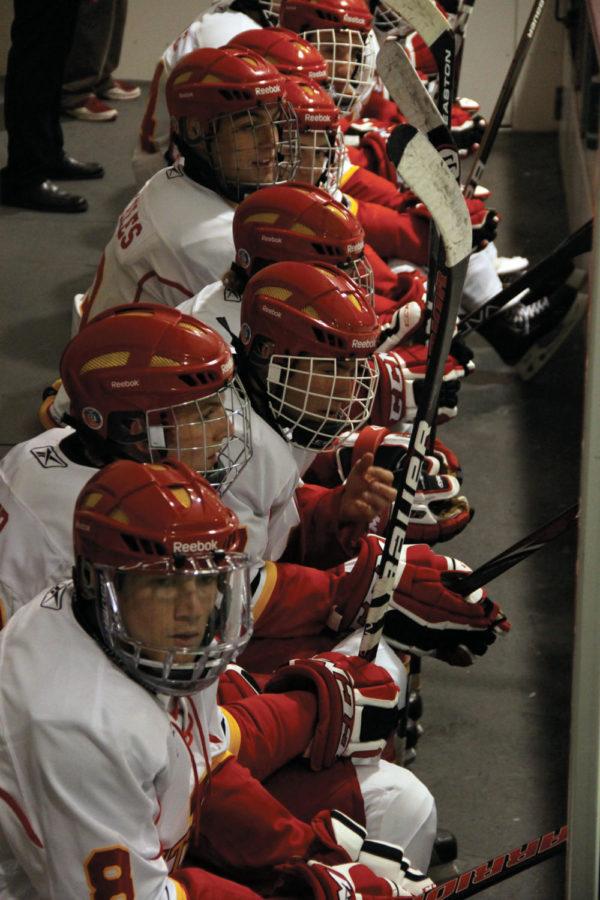 Cyclone hockey club players watch the game against Kansas on Friday, Sept. 28, at the Ames/ISU Ice Arena. Cyclones won 9-1.
