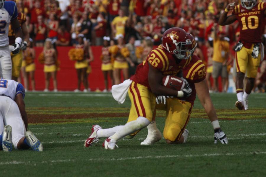 Defensive back Deon Broomfield returns an interception during the Cyclones 38-23 win against Tulsa on Saturday, Sept. 1, at Jack Trice Stadium. 
