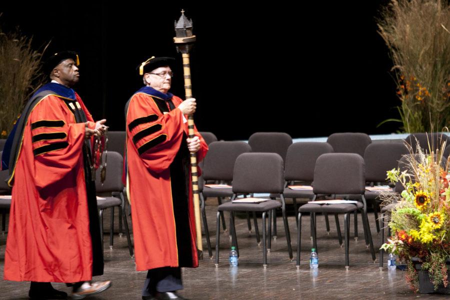 The university mace and the presidential chain of office is carried into President Steven Leath's installation ceremony Friday, Sept. 14, in Stephens Auditorium. Leath is Iowa State's 15th president.
