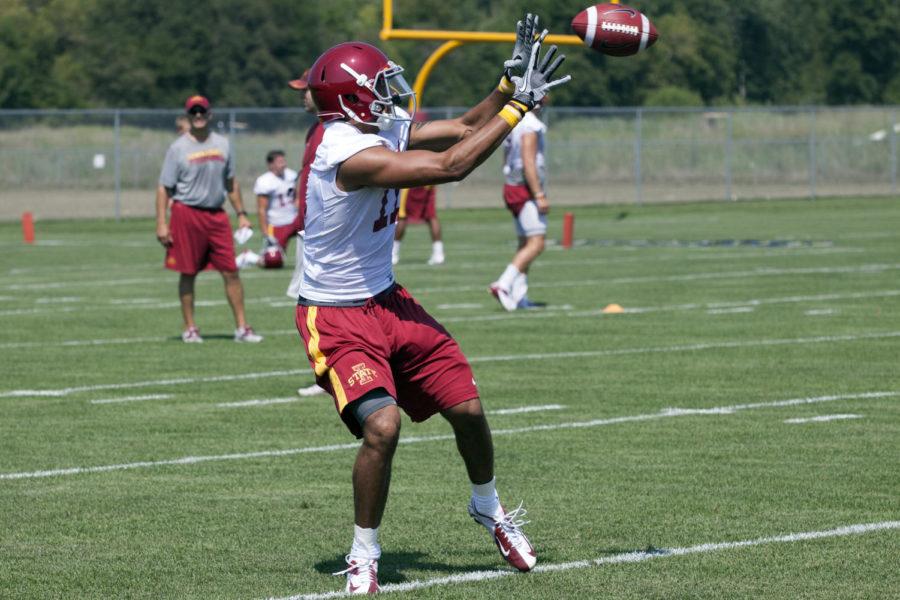 Wide receiver Jerome Tiller hauls in a pass during the ISU football teams first fall practice of the 2012 season, Friday, Aug. 3, in Ames. The team is preparing for its season opener Sept. 1 when the Cyclones host Tulsa.
