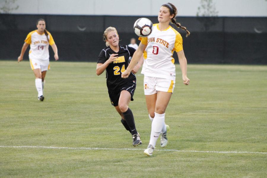 Ashley Johnson looks to control the ball during the Cyclones soccer match against the Iowa Hawkeyes, Friday, Aug. 31, at the soccer complex. The Hawkeyes defeated the Cyclones 3-1.
