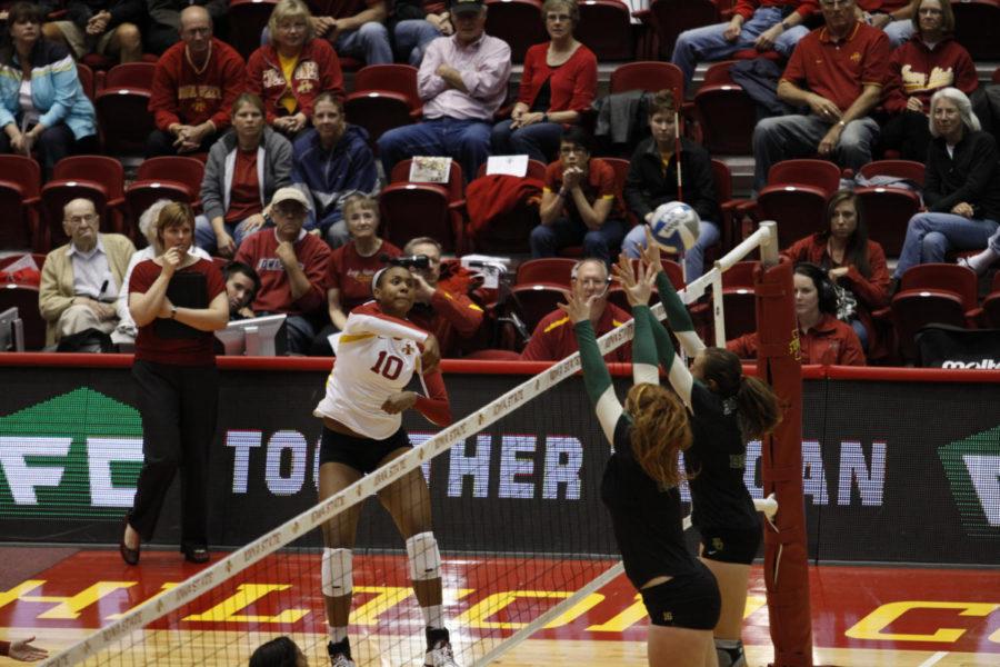 Victoria+Hurtt+hits+the+ball+during+the+game+against%C2%A0Baylor+on+Saturday%2C+Sept.+22%2C+at+Hilton+Coliseum.+Cyclones+won+the+match+3-1.%0A