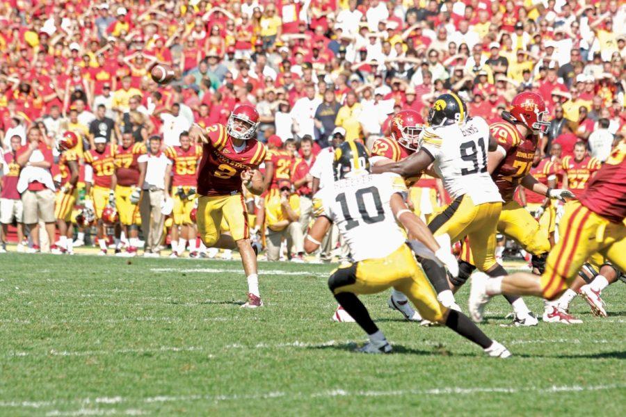 Quarterback Steele Jantz throws to a receiver during the first
overtime of the Iowa - Iowa State game held Saturday, Sept. 10 at
Jack Trice Stadium. Jantz threw 279 yards to help the Cyclones
defeat the Hawkeyes 44-41 in triple overtime.
