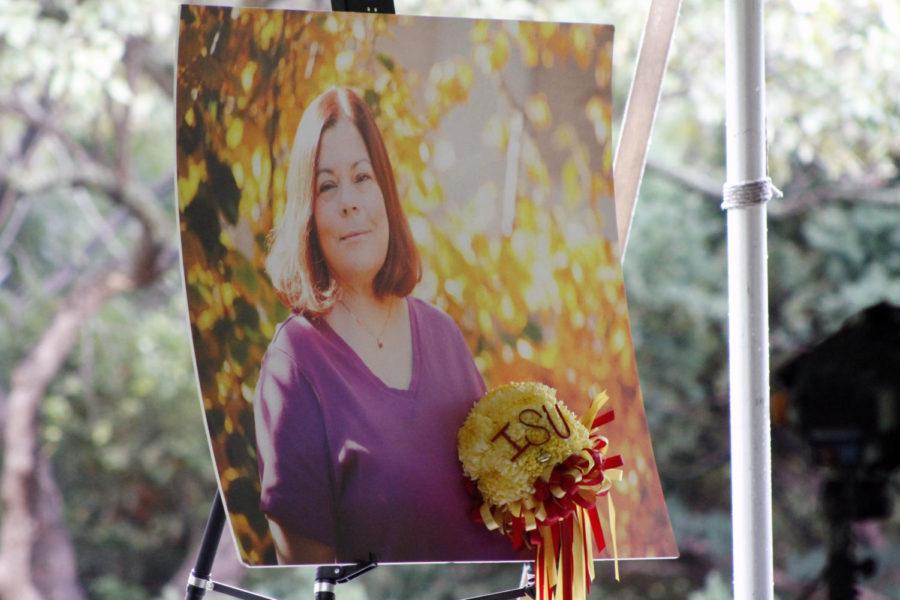 A portrait of Barbara Mack sits on display during a memorial service celebrating Macks life on Friday, Sept. 7, on Central Campus. Mack, who died Aug. 23, graduated from Iowa State and worked for the university for 26 years.
