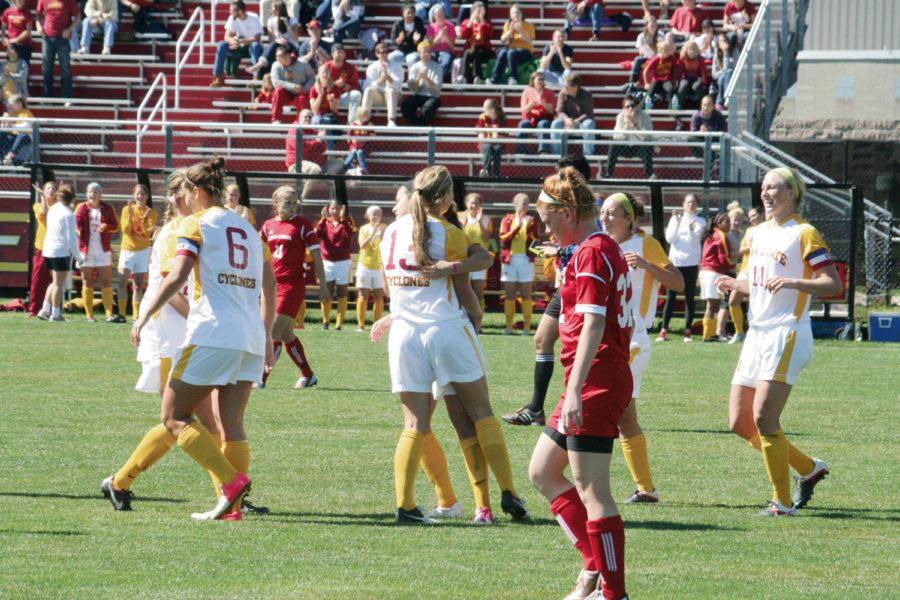 Cyclones celebrate after a point during the game against South Dakota on Sunday, Sept. 23, at the ISU soccer field. Cyclones defeated South Dakota 7-0.
