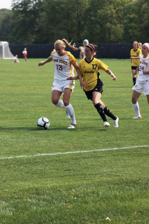 Junior Jessica Stewart and Freshman Lauren Waggoner trying to keep the ball away from the Milwaukee team. The Cyclone soccer team defeated Milwaukee 2-1 on Sunday September 16, 2012. 
