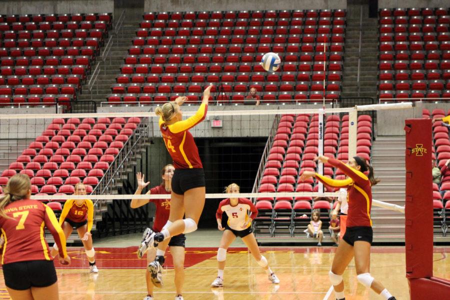 Alison+Landwehr+sets+up+teammate+Jamie+Straube+for+a+spike%C2%A0during+an+intrasquad+scrimmage+Saturday%2C+Aug.+18%2C+at+Hilton+Coliseum.+The+Cardinal+team+won+all+four+sets+that+were+played.+The+Cyclones+open+the+2012+season+against+Cincinnati+on+Friday%2C+Aug.+24%2C+in+Knoxville%2C+Tenn.%0A