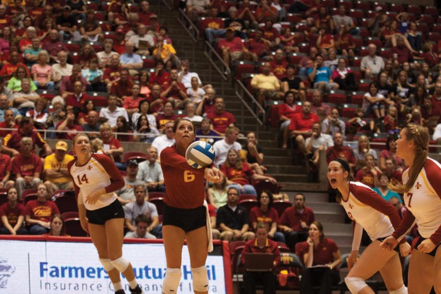 Kristen Hahn digs the ball up from a spike by a Northern Iowa player in the fourth set of match. The Cyclones went on to win the match 27-25, landing another victory for Iowa State.
