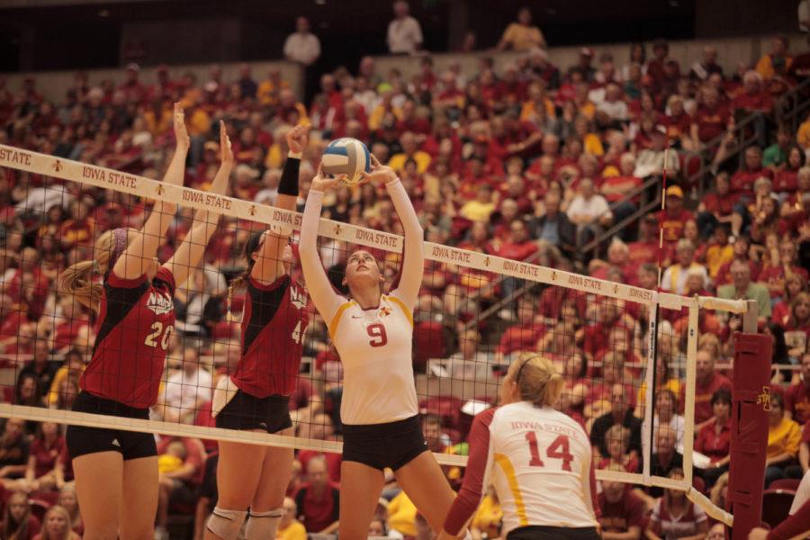 Alison Landwehr attempts to set the ball during the game against Nebraska on Saturday, Sept. 15, at Hilton Coliseum. Cyclones won 3-1, which is the first time Cyclone volleyball team has defeated a No. 1 team in school history. 
