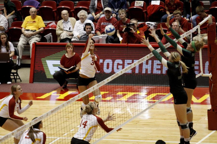 Outside hitter Rachel Hockaday hits the ball during the game against Baylor on Saturday, Sept. 22, at Hilton Coliseum. The Cyclones won 3-1. 

