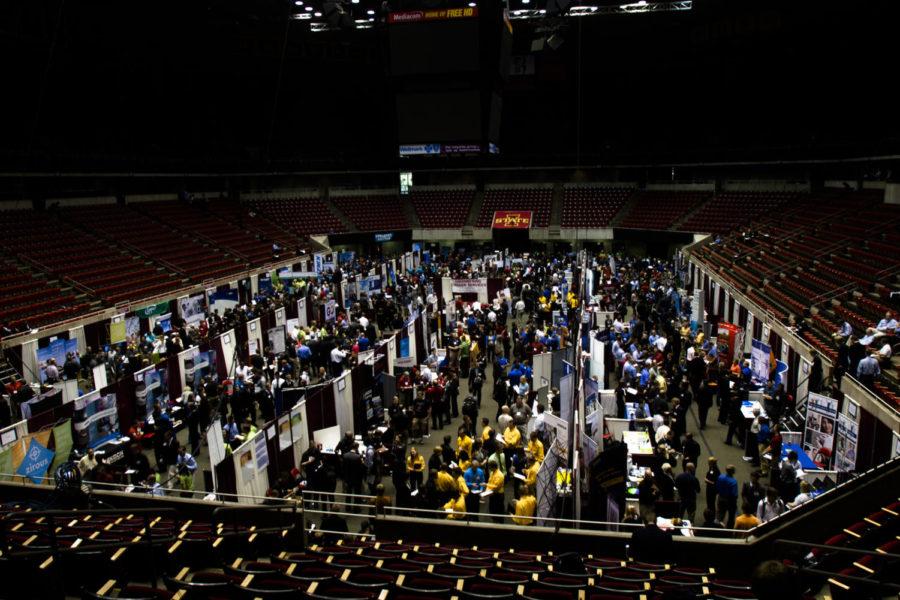Hilton Coliseum was filled with the booths of companies recruiting students for employment and internship opportunities at the fall 2012 Engineering Career Fair Tuesday, Sept. 25. The career fair featured more than 280 companies between booths in Hilton Coliseum and Scheman Building.
