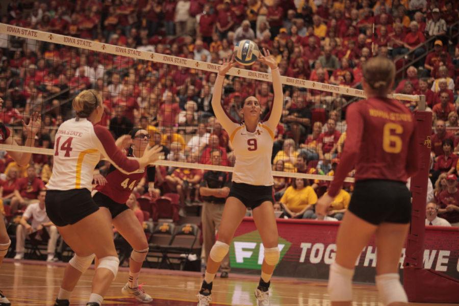 Alison Landwehr attempts to set the ball during the game against Nebraska on Saturday, Sept. 15, at Hilton Coliseum. The Cyclones won 3-1, which is the first time the ISU volleyball team has defeated a No. 1 team in school history. 
